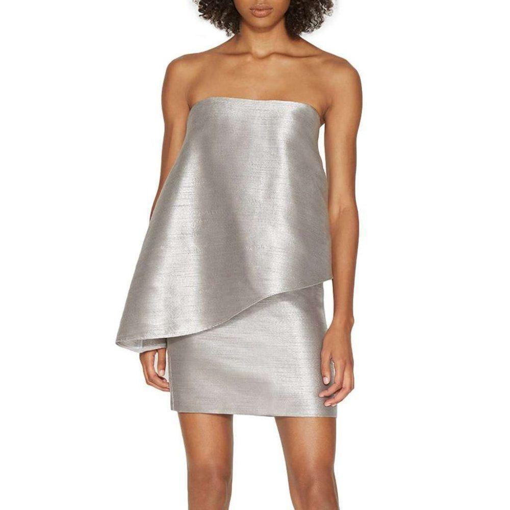 𝅺HALSTON HERITAGE Women's Strapless Tiered Drape Jaquard Dress Metallic Silver